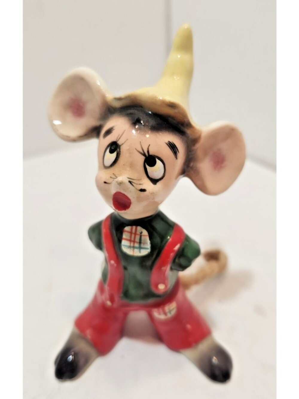 Vtg 1956 Kreiss Porcelain Mouse Figurine in Red & Green Clothes w/Yellow Hat